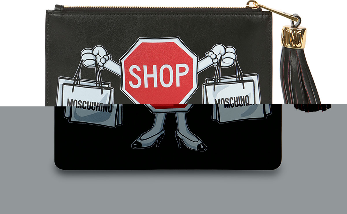 Moschino Shop Sign Printed Leather Clutch Bag, Black/Red