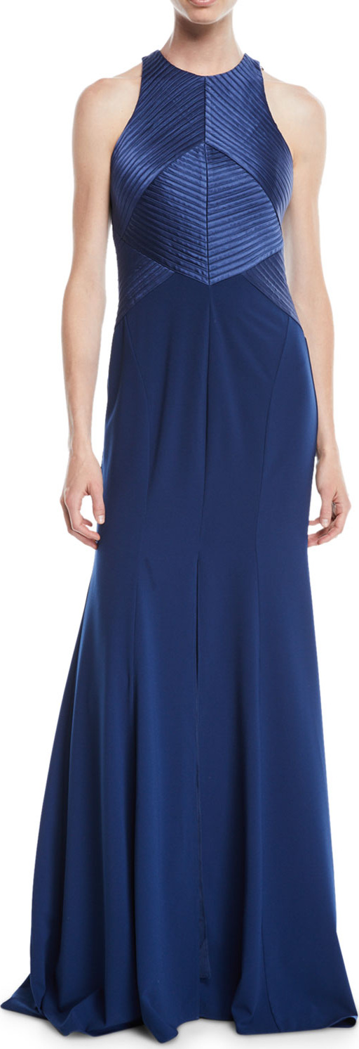 HALSTON HERITAGE Halter Gown w/ Satin Stripe Bodice