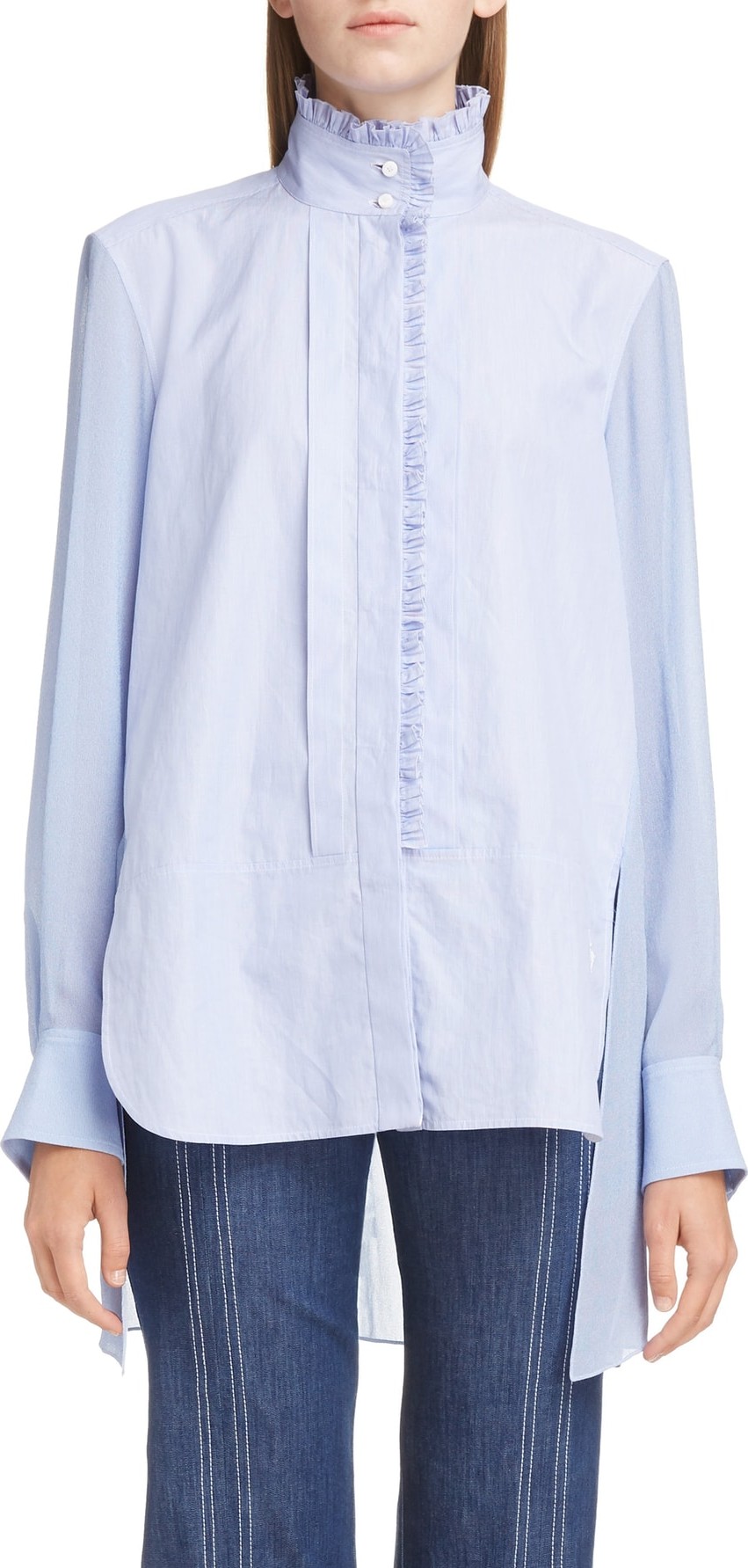 Chloe Ruffle Trim High/Low Poplin Shirt