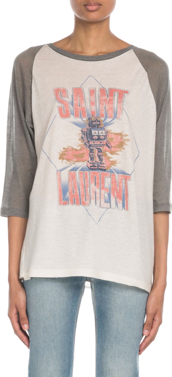 Saint Laurent 3/4-Sleeve Raglan Sleeve Robot Logo Graphic Tee