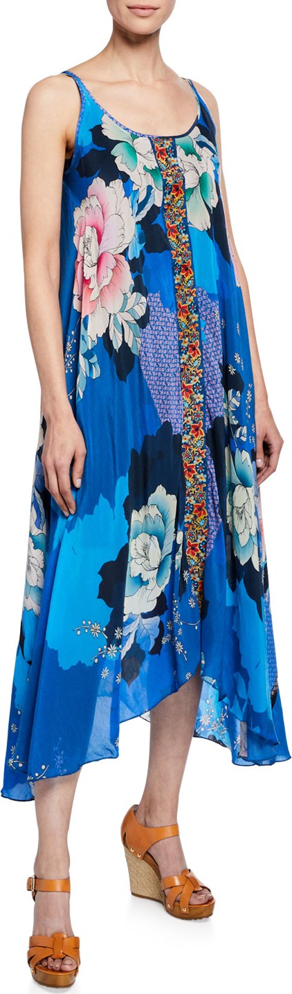 Johnny Was Kara Floral-Print Scoop-Neck Sleeveless Dress w/ Slip