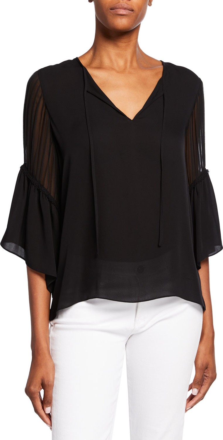 KOBI HALPERIN Alicia Split-Neck Ruffle-Sleeve Silk Blouse