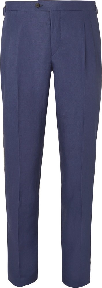 Thom Sweeney Navy Slim-Fit Pleated Linen Trousers