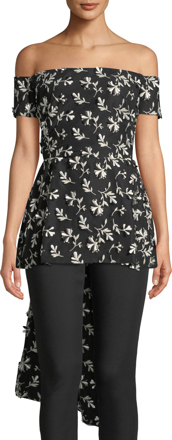 Lela Rose Off-the-Shoulder Bow-Back Floral-Embroidered Top