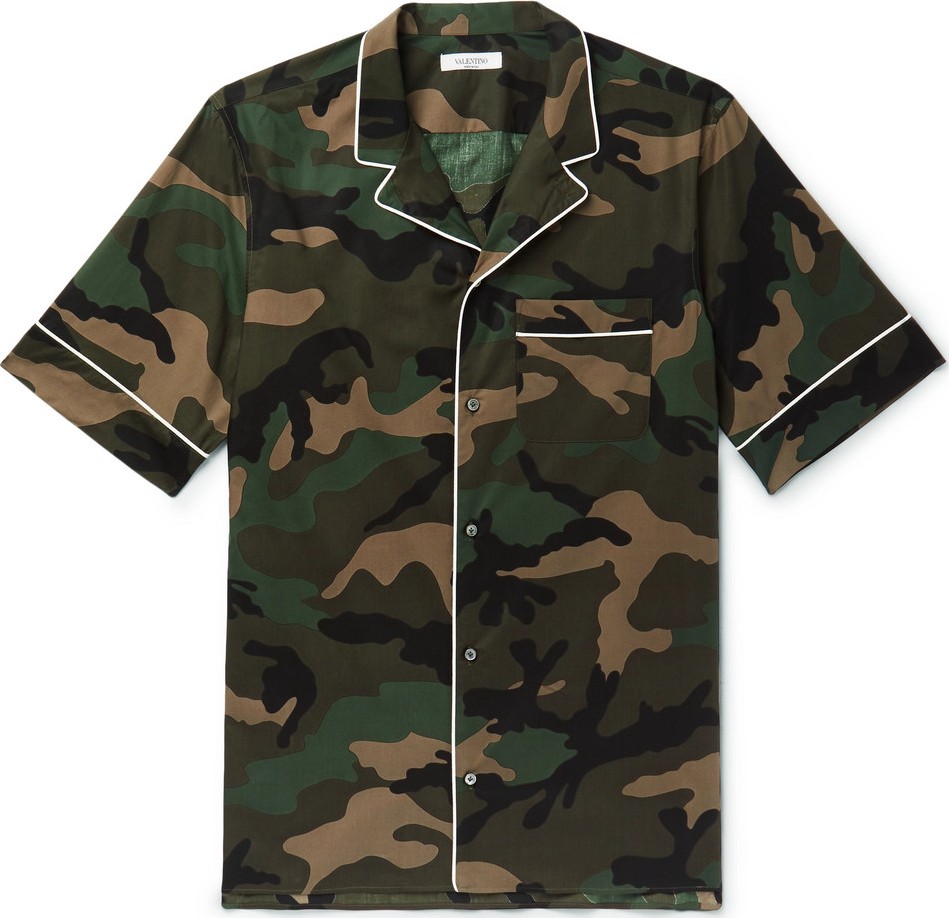 Valentino Camp-Collar Piped Camouflage-Print Cotton-Poplin Shirt