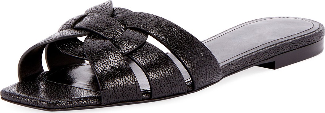 Saint Laurent Tribute Flat Crackled Leather Slide Sandals