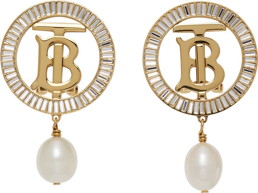 Burberry London England Gold TB Pearl Earrings
