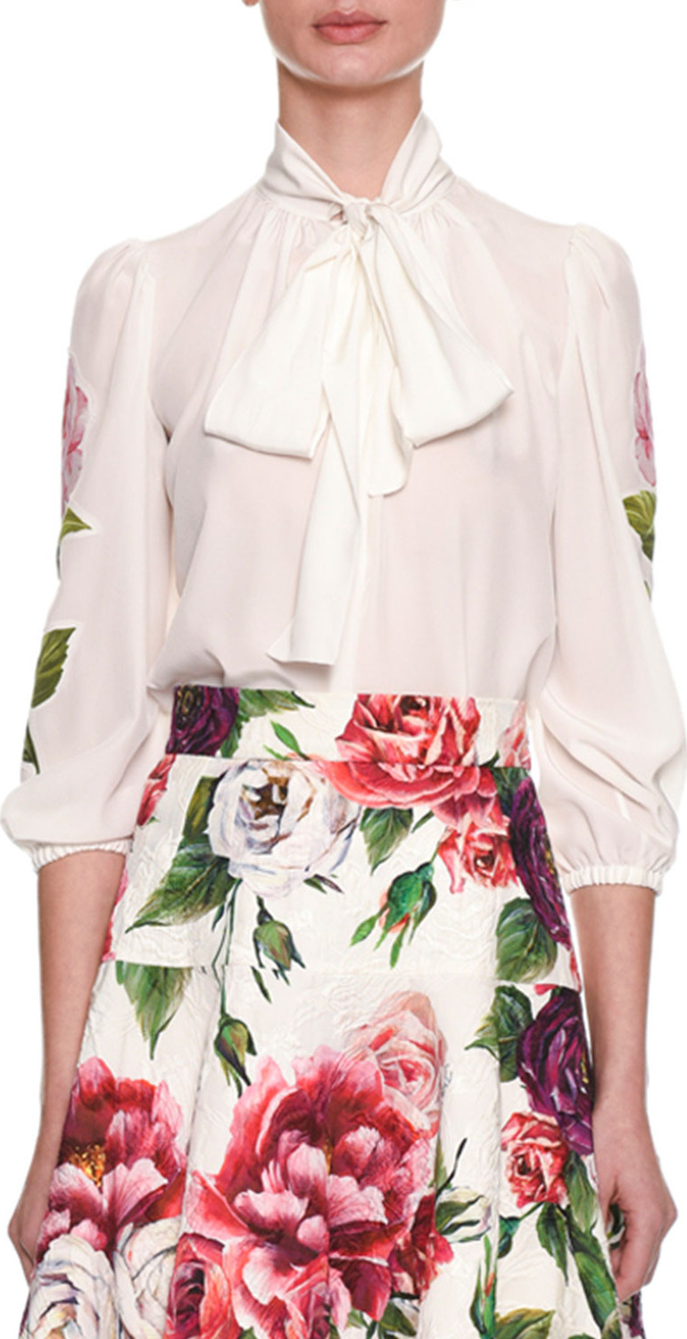 Dolce & Gabbana Tie-Neck 3/4 Sleeve Crepe de Chine Blouse w/ Floral Appliqué