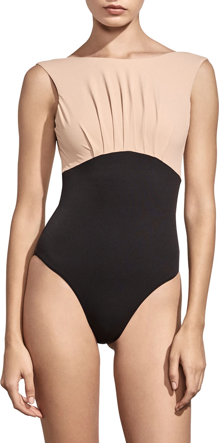 Amaiò Swim Ophelia Empire-Waist Maillot, Nude/Black