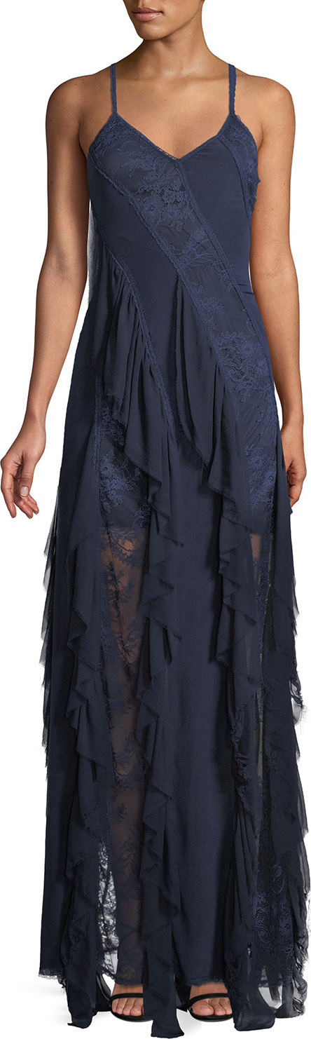 Alice + Olivia Jayda Sleeveless Ruffle Silk Godet Maxi Dress