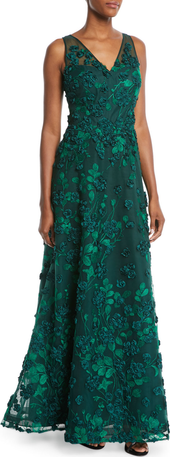 Rickie Freeman for Teri Jon 3D Floral V-Neck A-Line Gown