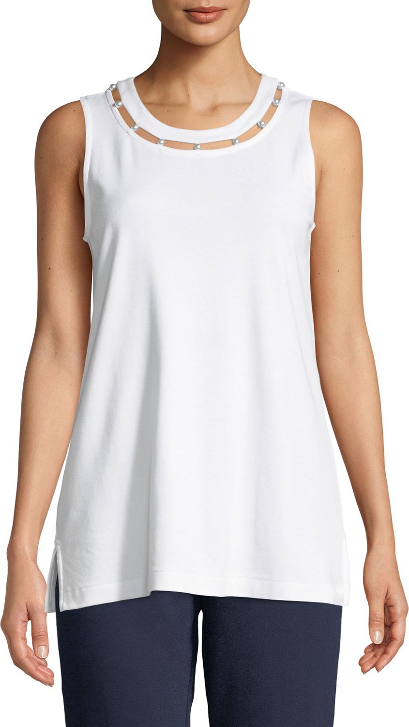 Joan Vass Scoop-Neck Cotton Interlock Tank with Pearly Inset