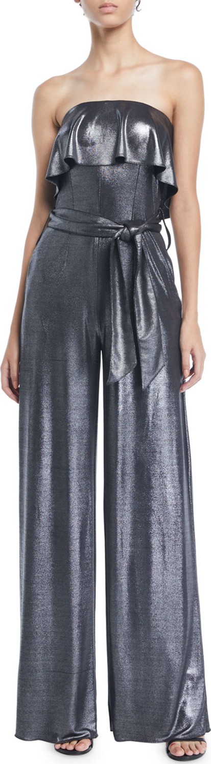 Carolina Ritzler Julie Ruffle Strapless Wide-Leg Metallic-Jersey Jumpsuit