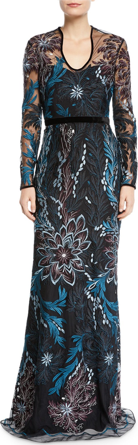 Badgley Mischka Long-Sleeve Floral Embroidered Gown
