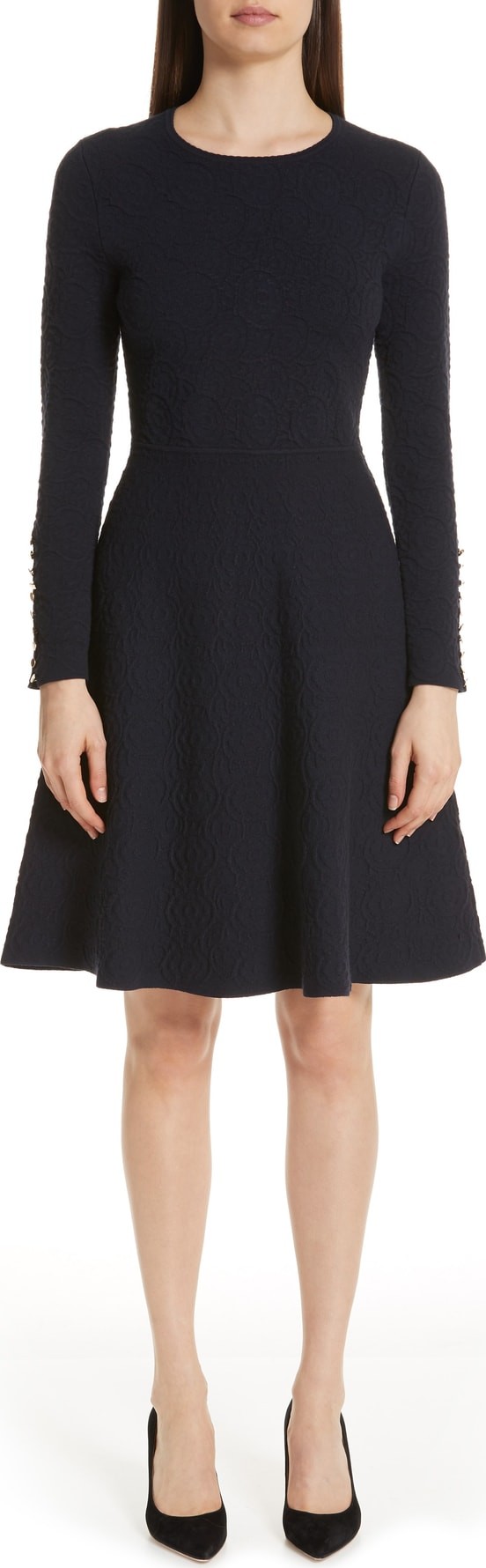 Lela Rose Textured Jacquard Knit Fit & Flare Dress