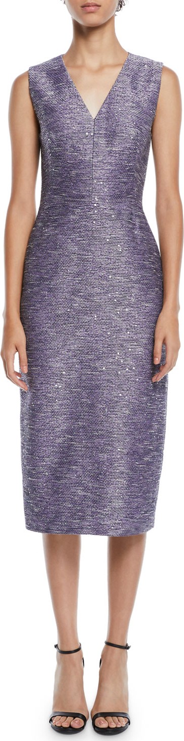 Lela Rose V-Neck Sleeveless Sequin-Embroidered Tweed Sheath Cocktail Dress