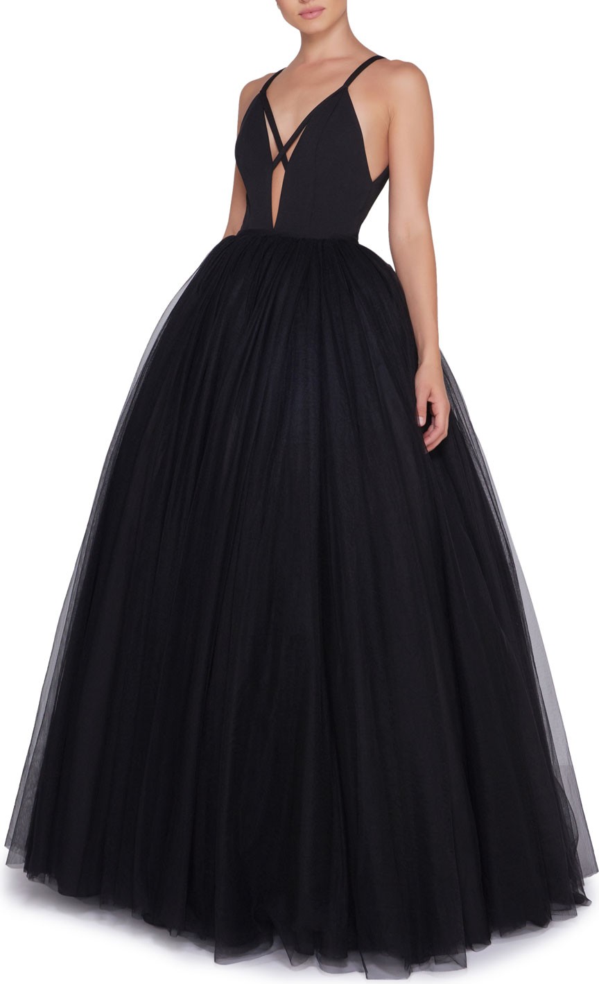 Ieena for Mac Duggal Plunge-Neck Strappy Tulle Ball Gown