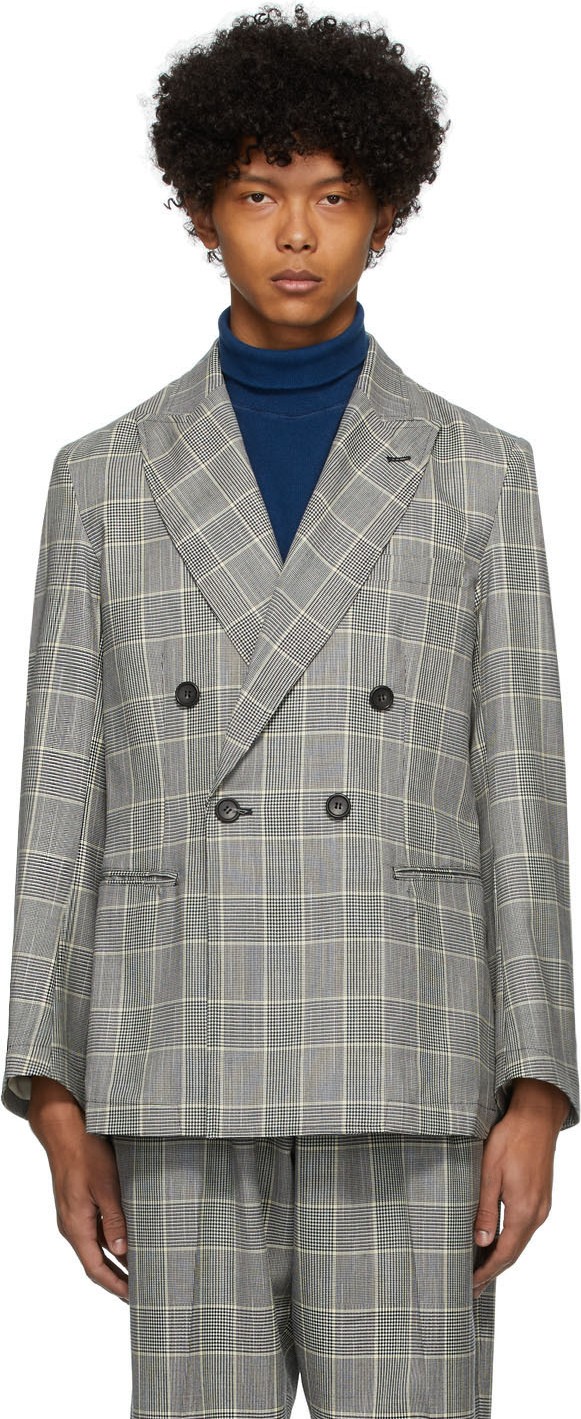 Blue Blue Japan Black & White Kasuri Wool Glen Check Double Breasted Dud Jacket