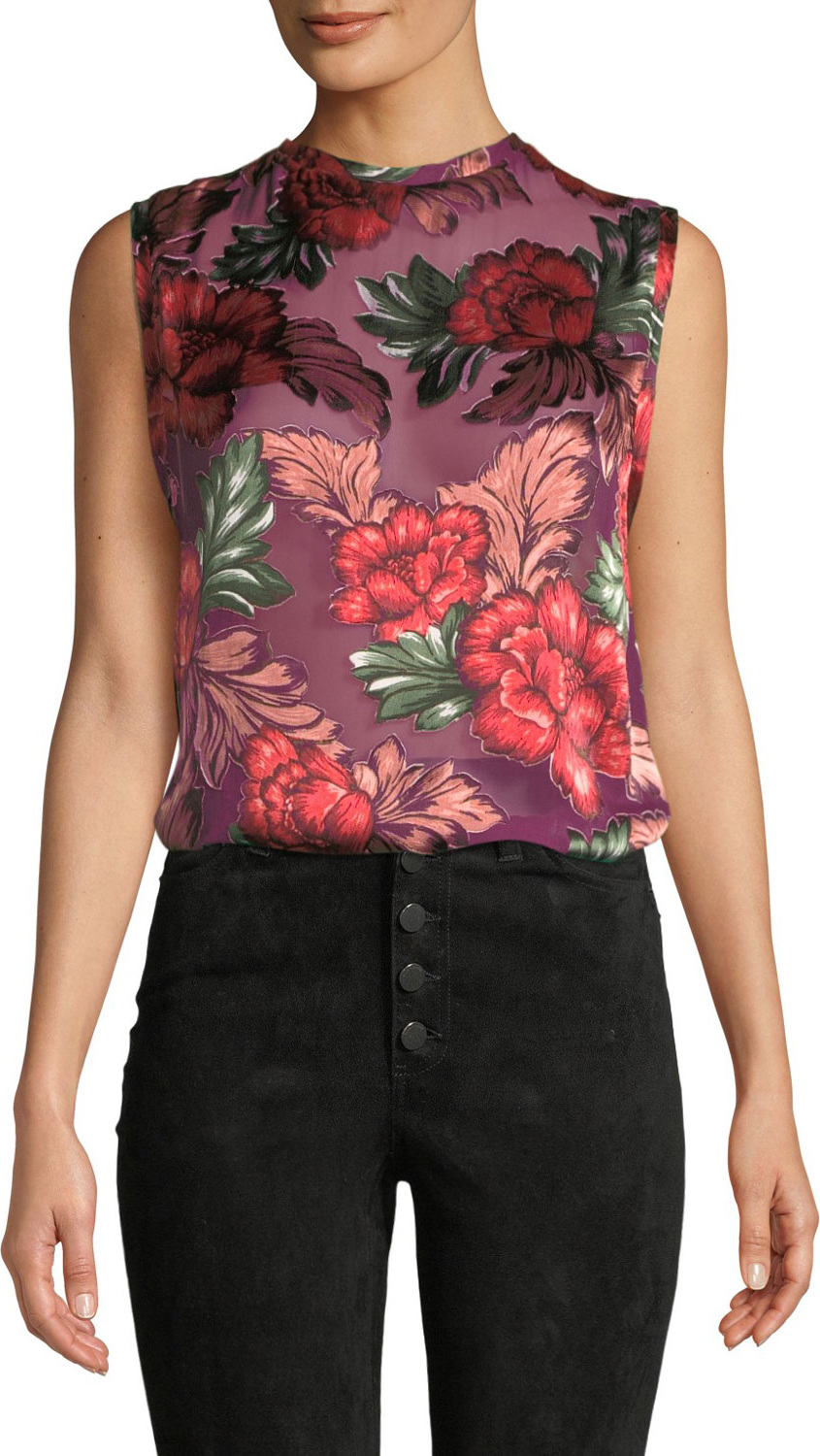 Alice + Olivia Dane Floral-Print Sleeveless Crewneck Blouse