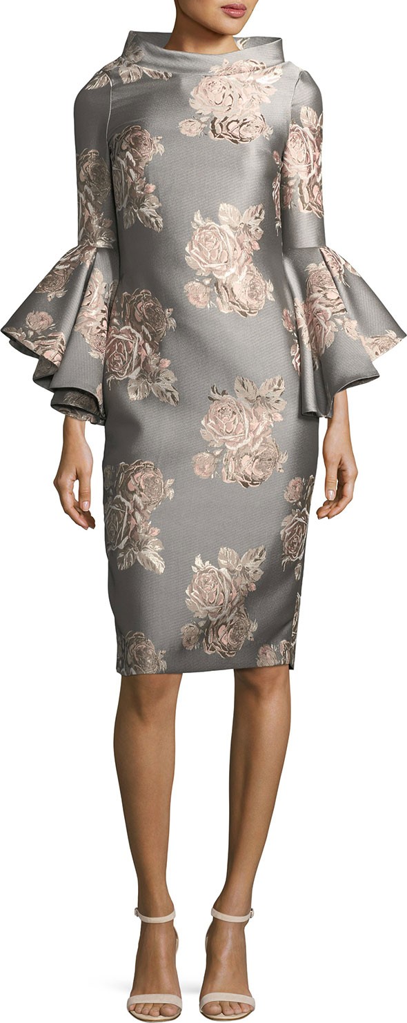 Badgley Mischka Funnel-Neck Flutter-Sleeve Floral-Jacquard Cocktail Dress