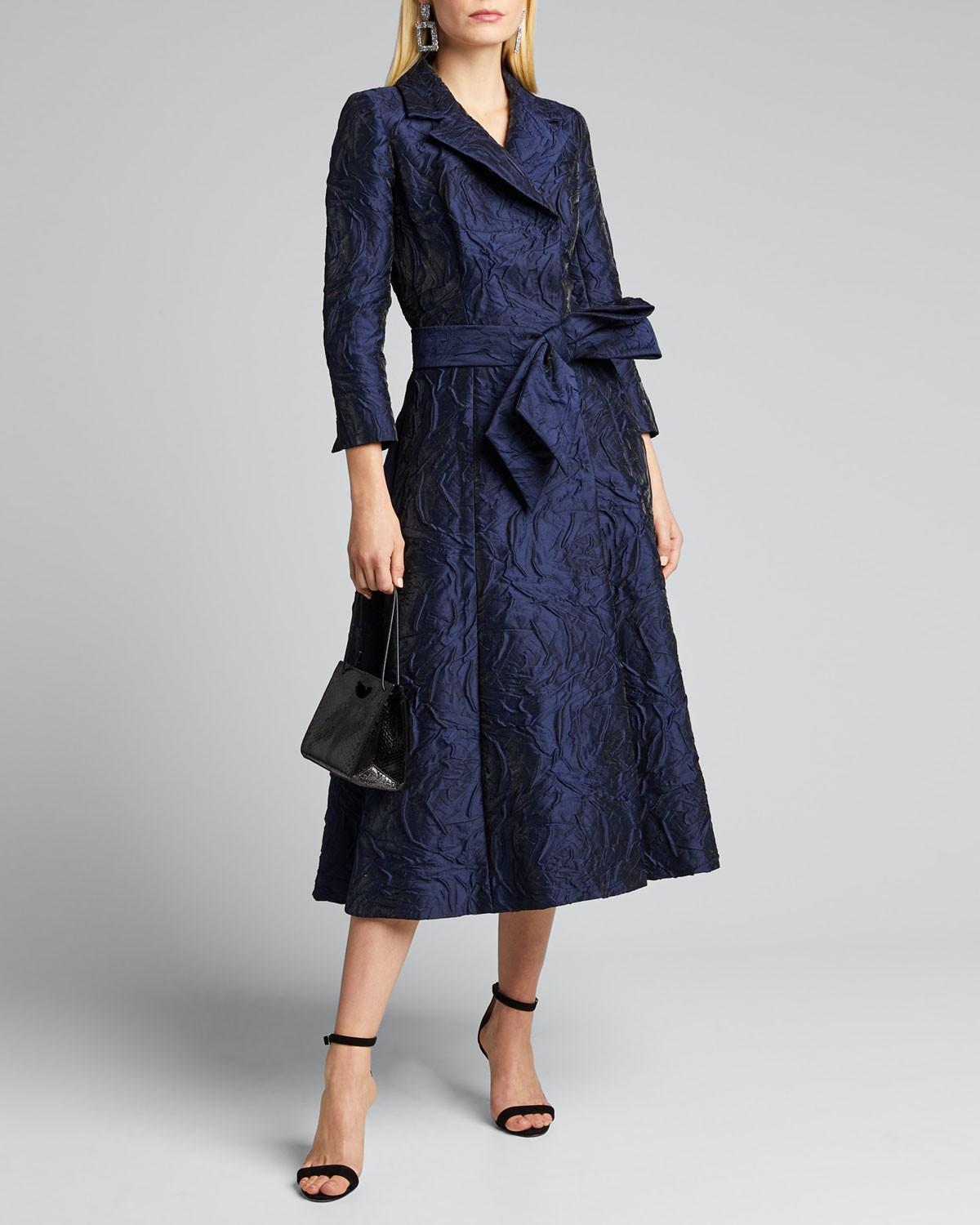 Rickie Freeman for Teri Jon 3/4-Sleeve Jacquard Coat Dress w/ 3D Detail