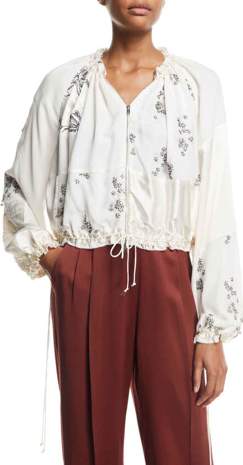 3.1 Phillip Lim Patchwork Floral Embellished Silk Bomber Jacket