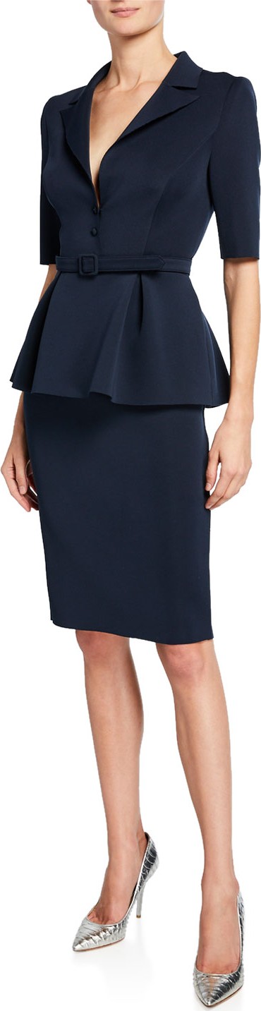 Badgley Mischka Elbow-Sleeve Retro Peplum Coat Dress