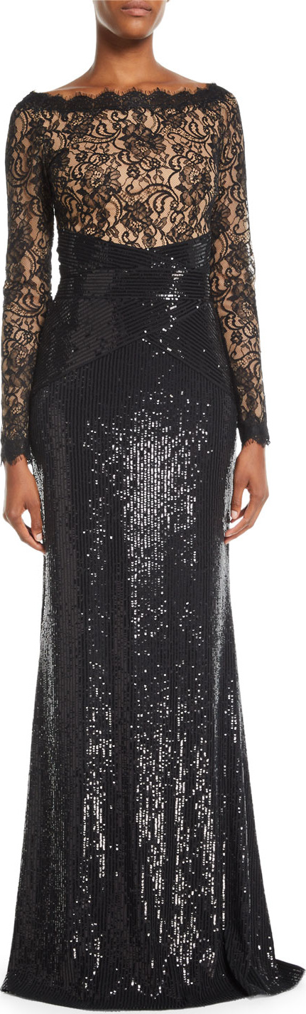 Tadashi Shoji Long-Sleeve Lace & Sequin Gown w/ Train