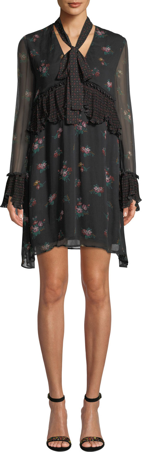 Pinko Long-Sleeve Floral Tie-Neck Boho Dress