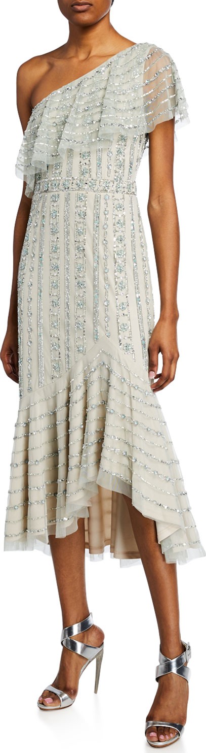 Aidan Mattox Beaded One-Shoulder High-Low Midi Dress