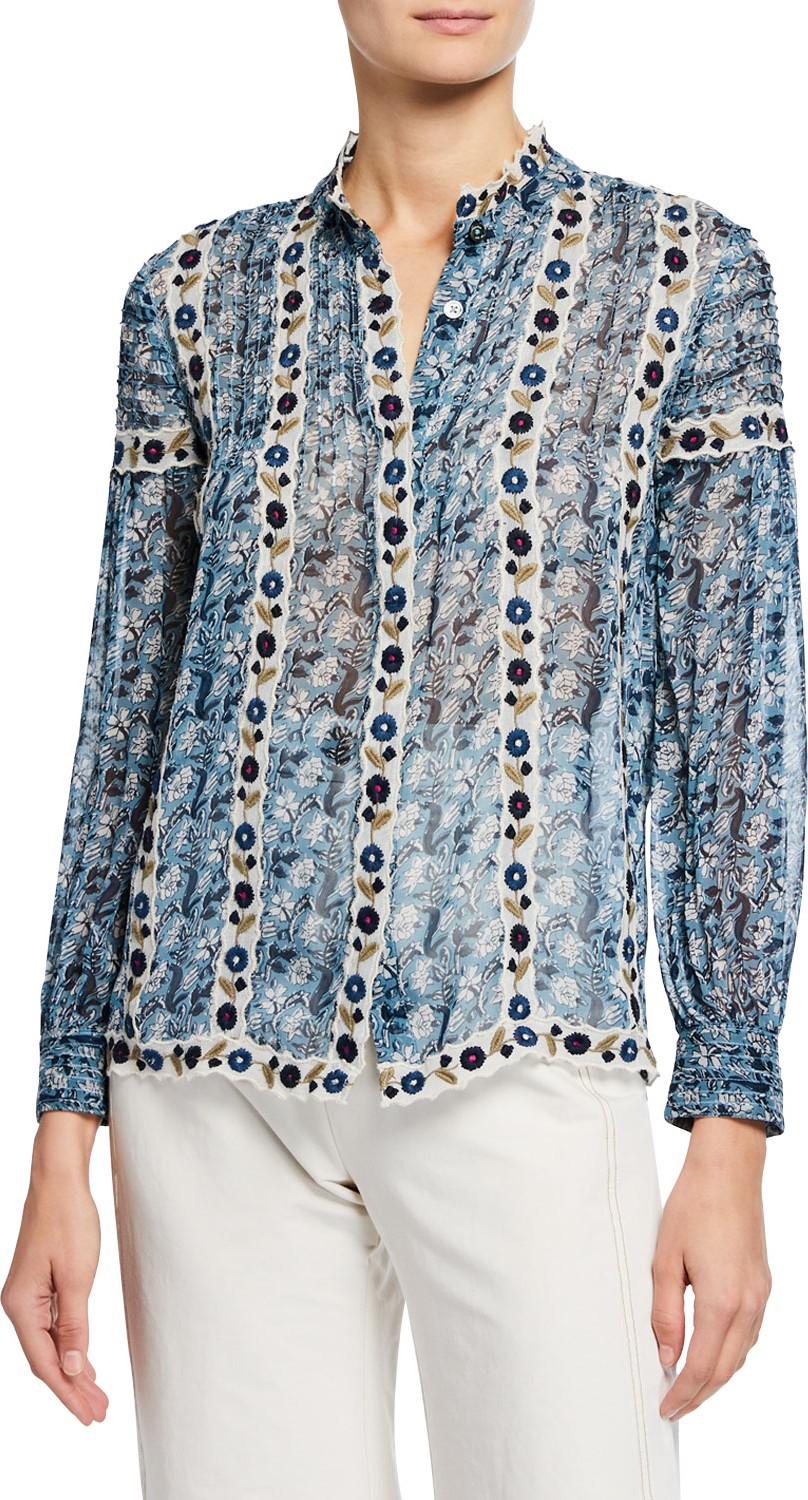 SEA Bella Floral-Print Button-Front Long-Sleeve Blouse w/ Embroidery