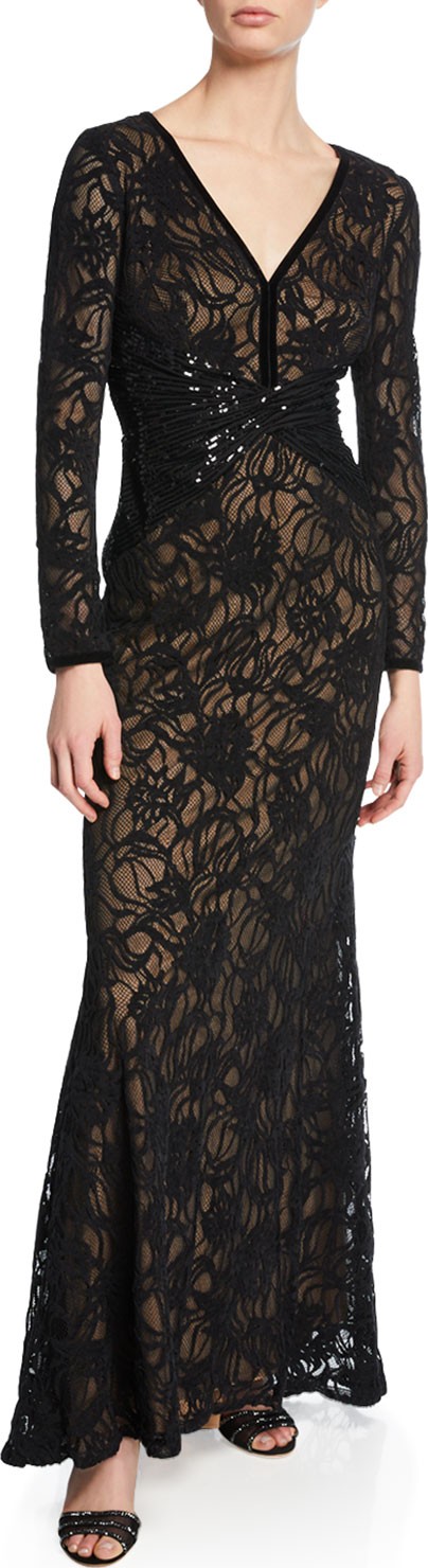 Tadashi Shoji V-Neck Long-Sleeve Burnout Gown with Velvet & Sequin Details