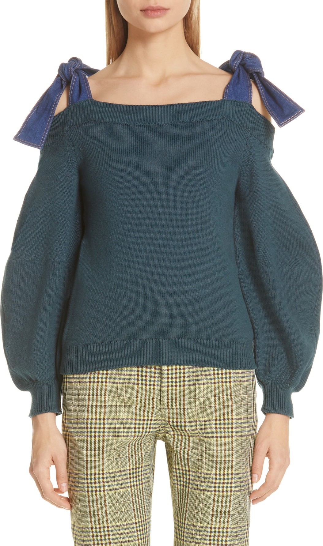 ADEAM Denim Tie Off the Shoulder Sweater