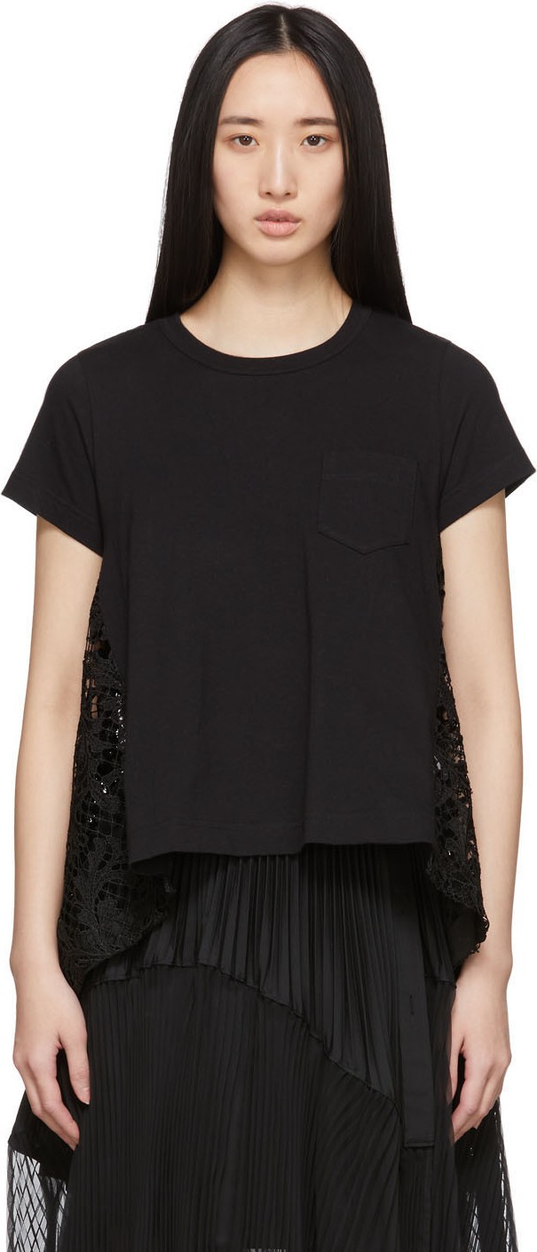 Sacai Black Embroidered Lace Back T-Shirt