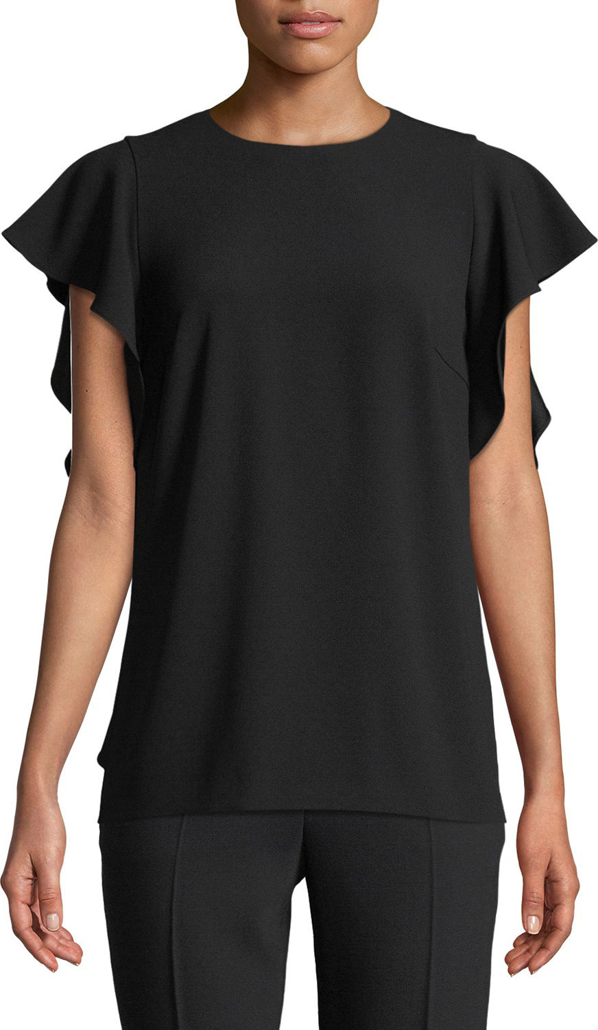 Escada Crewneck Cascade Ruffle Crepe Blouse