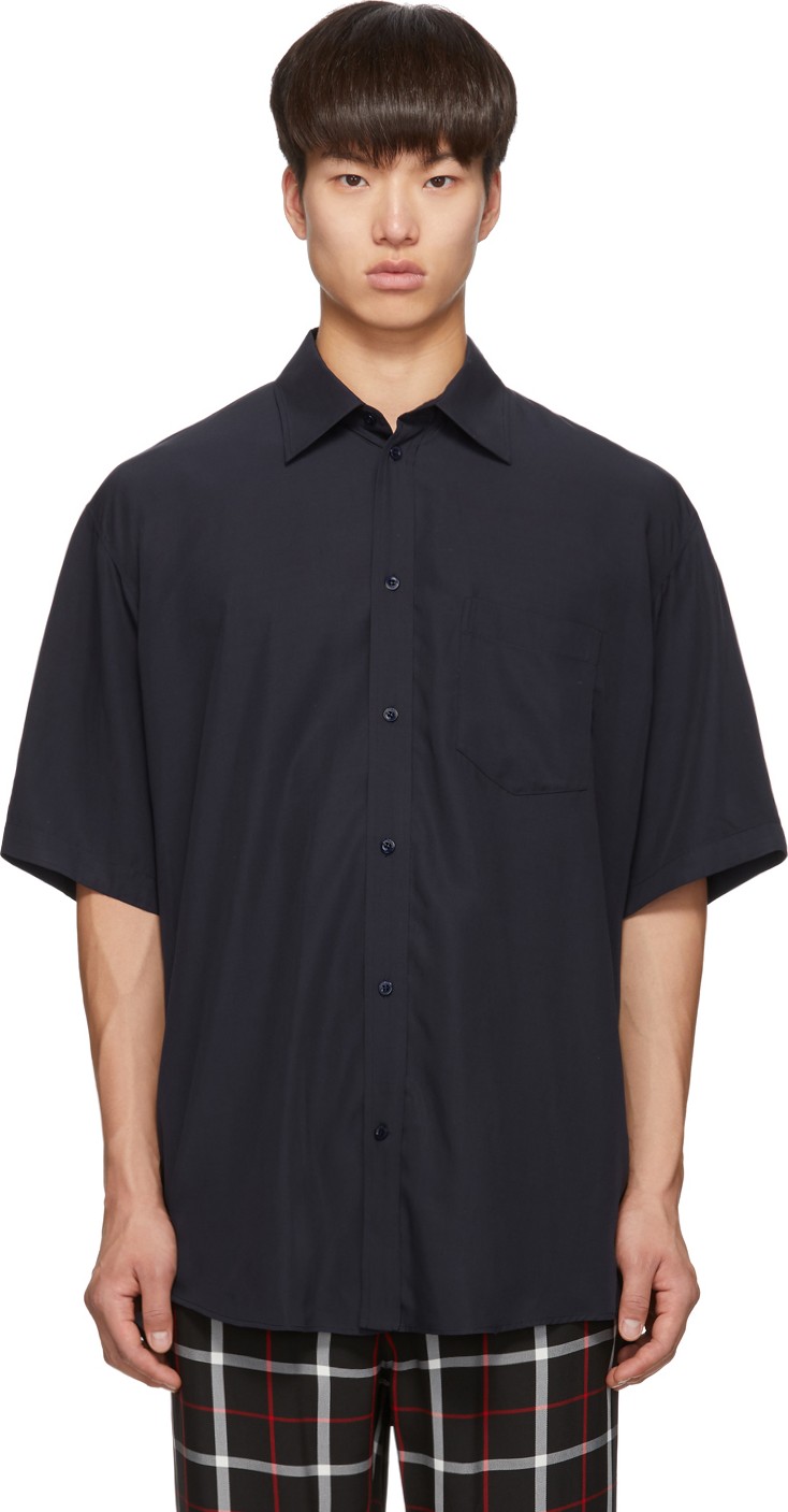 Balenciaga Navy Logo Tab Short Sleeve Shirt