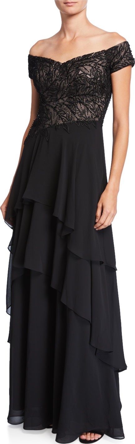Rickie Freeman for Teri Jon Beaded Off-the-Shoulder Tiered Skirt Gown