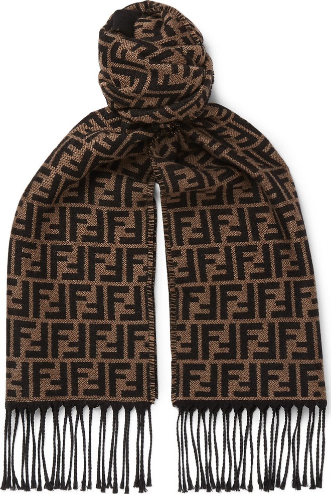 Fendi Fringed Logo-Intarsia Wool Scarf