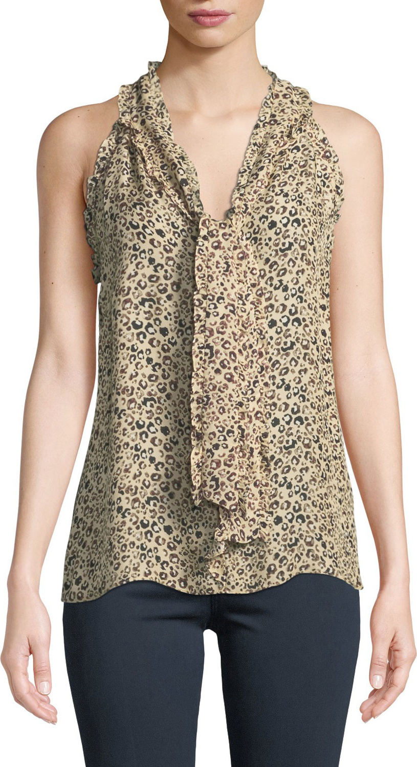 Parker Allie Animal-Print Tie-Neck Silk Top