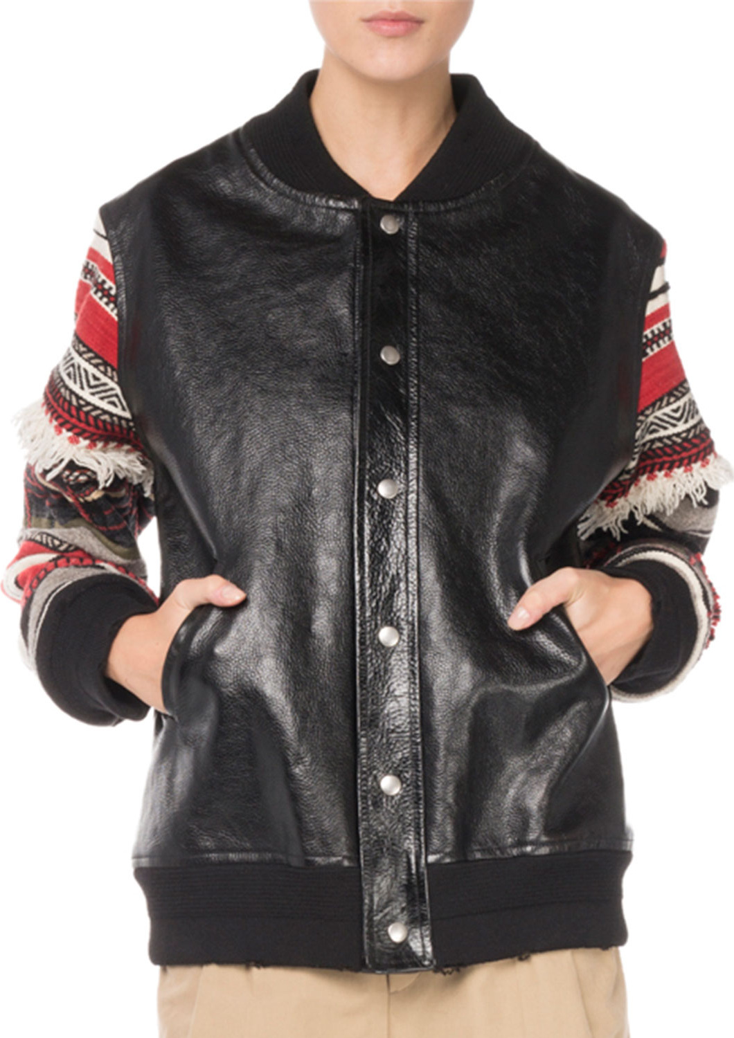 Saint Laurent Snap-Front Oversized Leather Jacket with Embroidered Stripe Sleeves