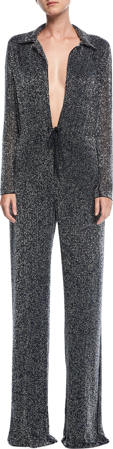 Naeem Khan Plunging Beaded Wide-Leg Jumpsuit