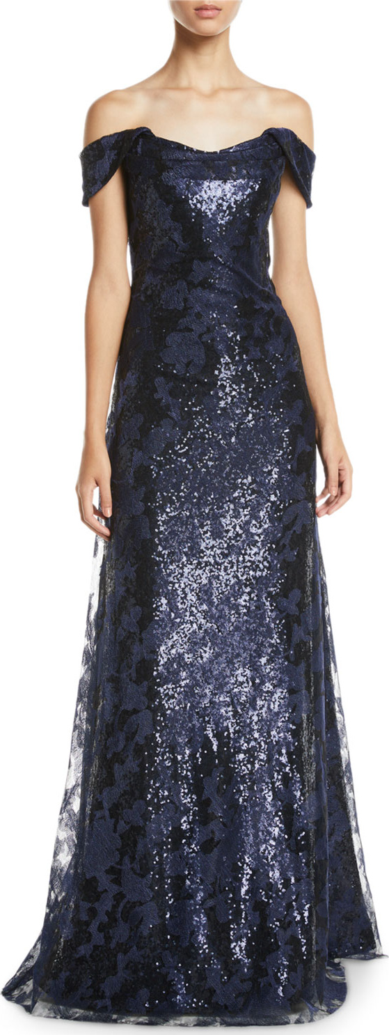 RENE RUIZ Off-the-Shoulder Lace & Sequin Gown