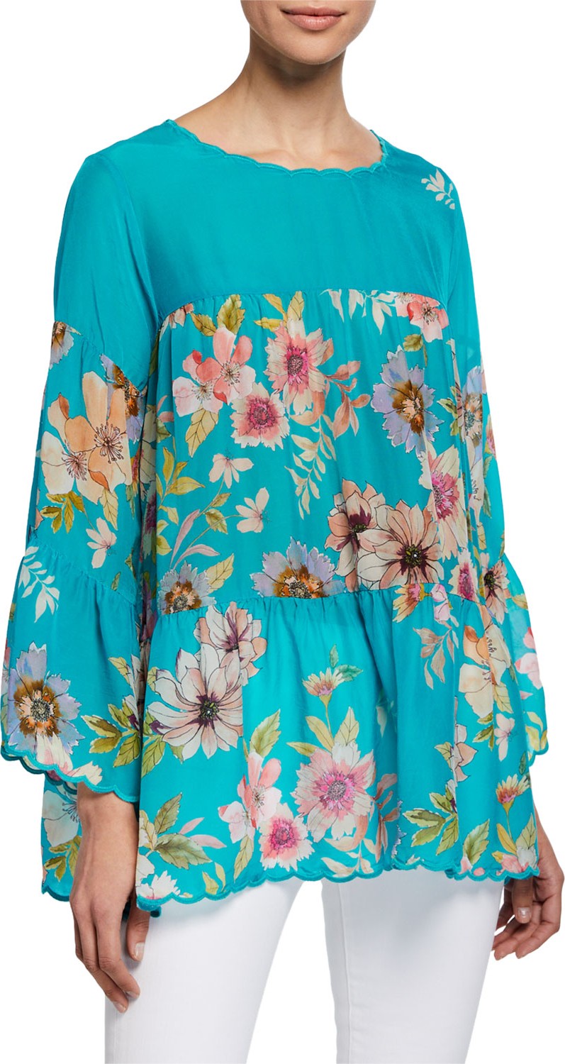 Johnny Was Fyson Floral-Print Scoop-Neck Flared-Sleeve Blouse