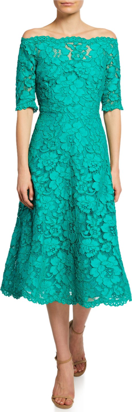 Rickie Freeman for Teri Jon Lace Off-the-Shoulder Scallop Dress
