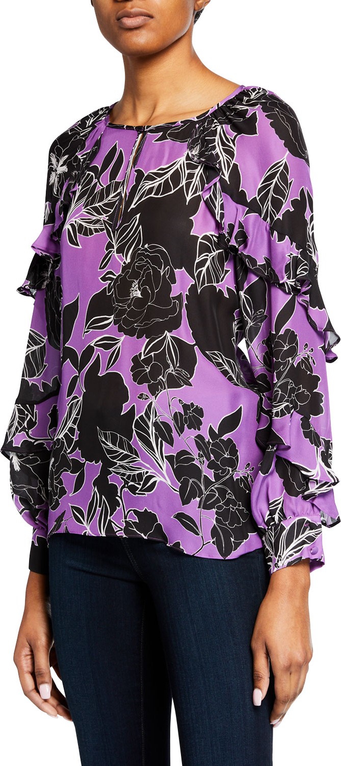 Parker Julian Floral-Print Ruffle Long-Sleeve Blouse