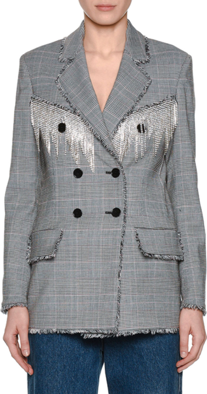 MSGM Plaid Wool Blazer w/ Crystal Fringe
