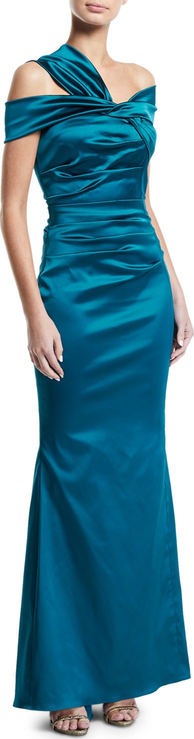Talbot Runhof Asymmetric-Shoulder Stretch Satin Mermaid Gown