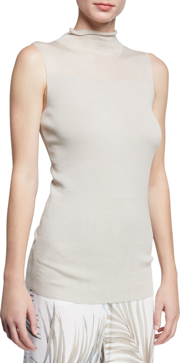 Lafayette 148 New York Turtleneck Sleeveless Finespun Voile Tank w/ Sheer Yoke