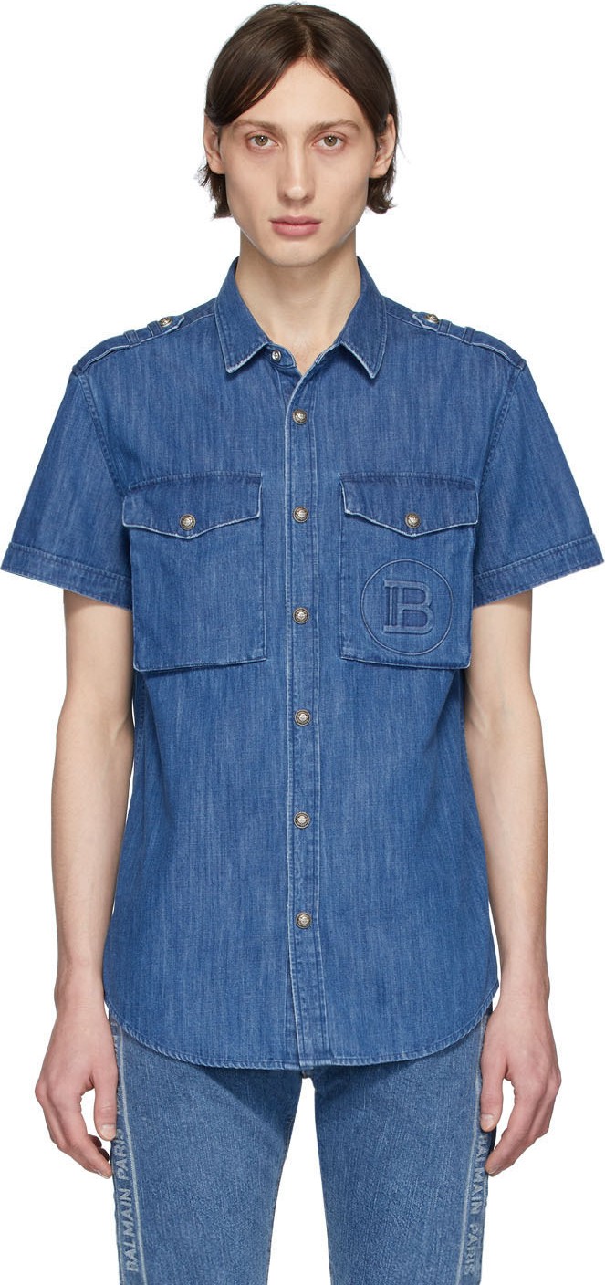 Balmain Blue Denim Embossed Logo Short Sleeve Shirt Balmain Blue Denim Embossed Logo Short Sleeve Shirt