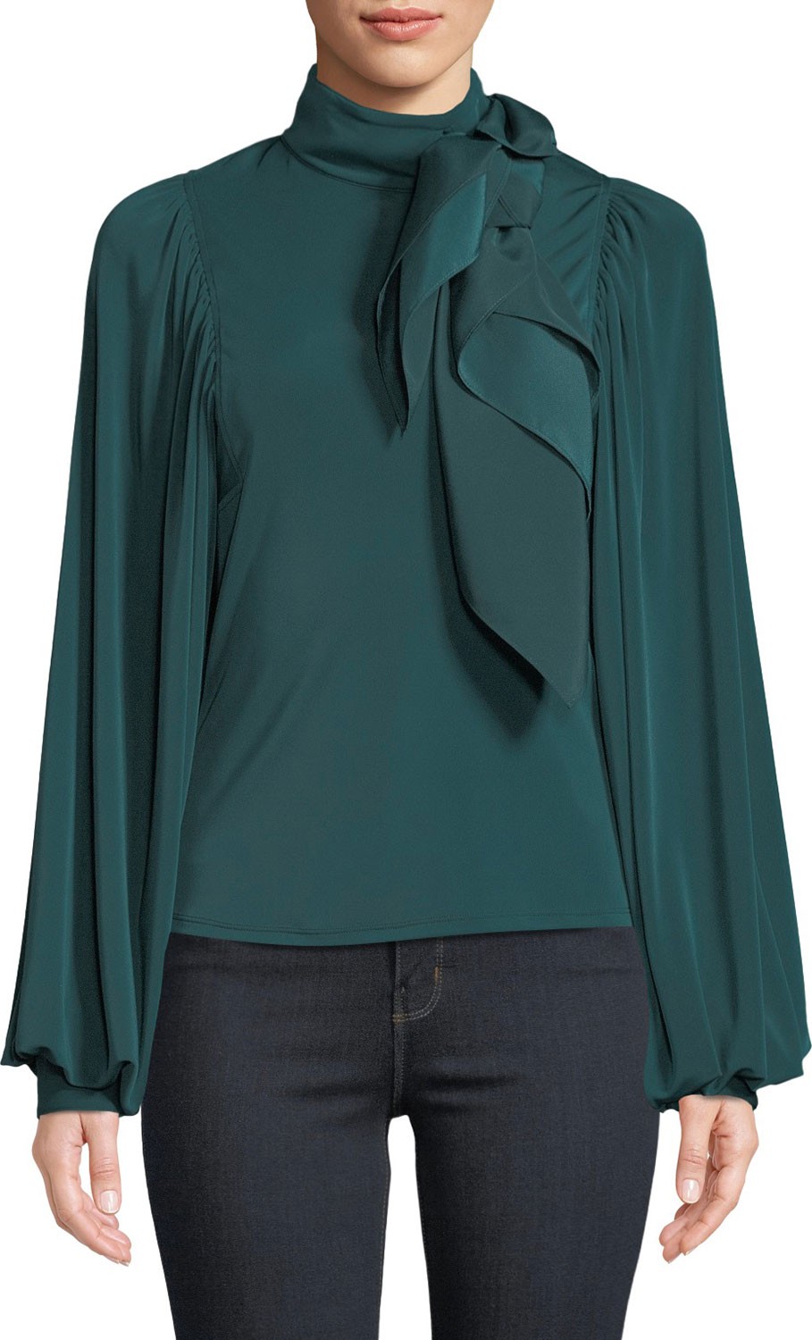 Self Portrait Jersey Puff-Sleeve Top with Scarf